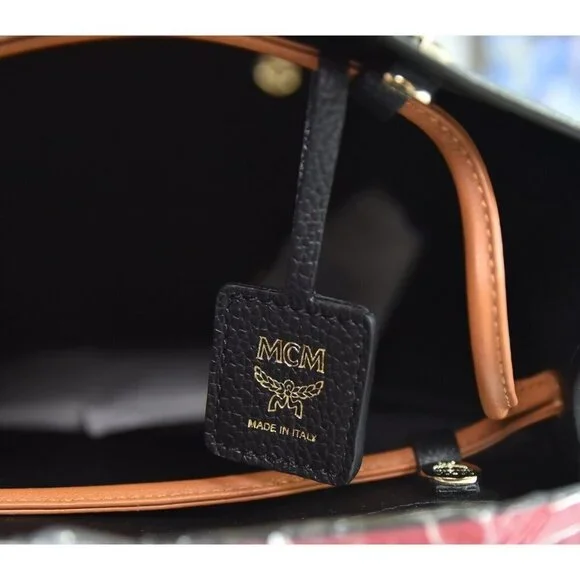 MCM Red Black Goatskin Mini Upcycling Project Flower Milano Drawstring Bag NWT